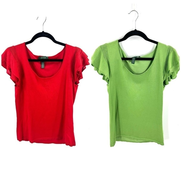 Lauren Ralph Lauren Womens Ruffle Flutter Sleeve Top LOT of 2 Size M Stretch Y2K - Picture 1 of 12